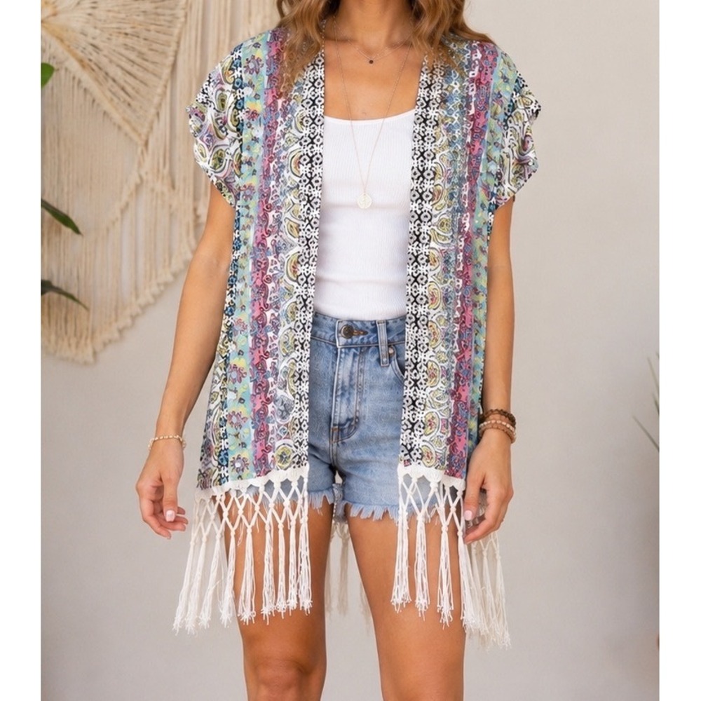 Versona Womens Boho Paisley Fringe Kimono Cardigan Multi Color Size M Open Front